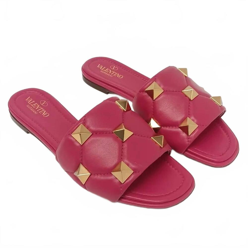 NEW VALENTINO GARAVANI women's roman stud quilted leather slides in pink/gold